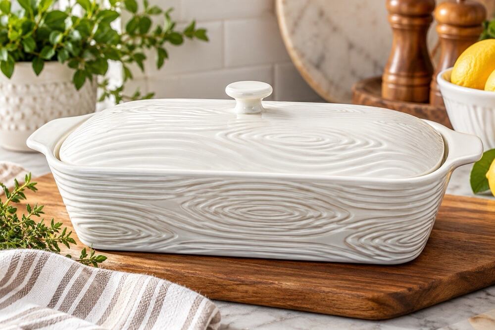 Temp-tations Woodland White 2 Qt Baker Lid-It Tongs Ceramic Casserole
